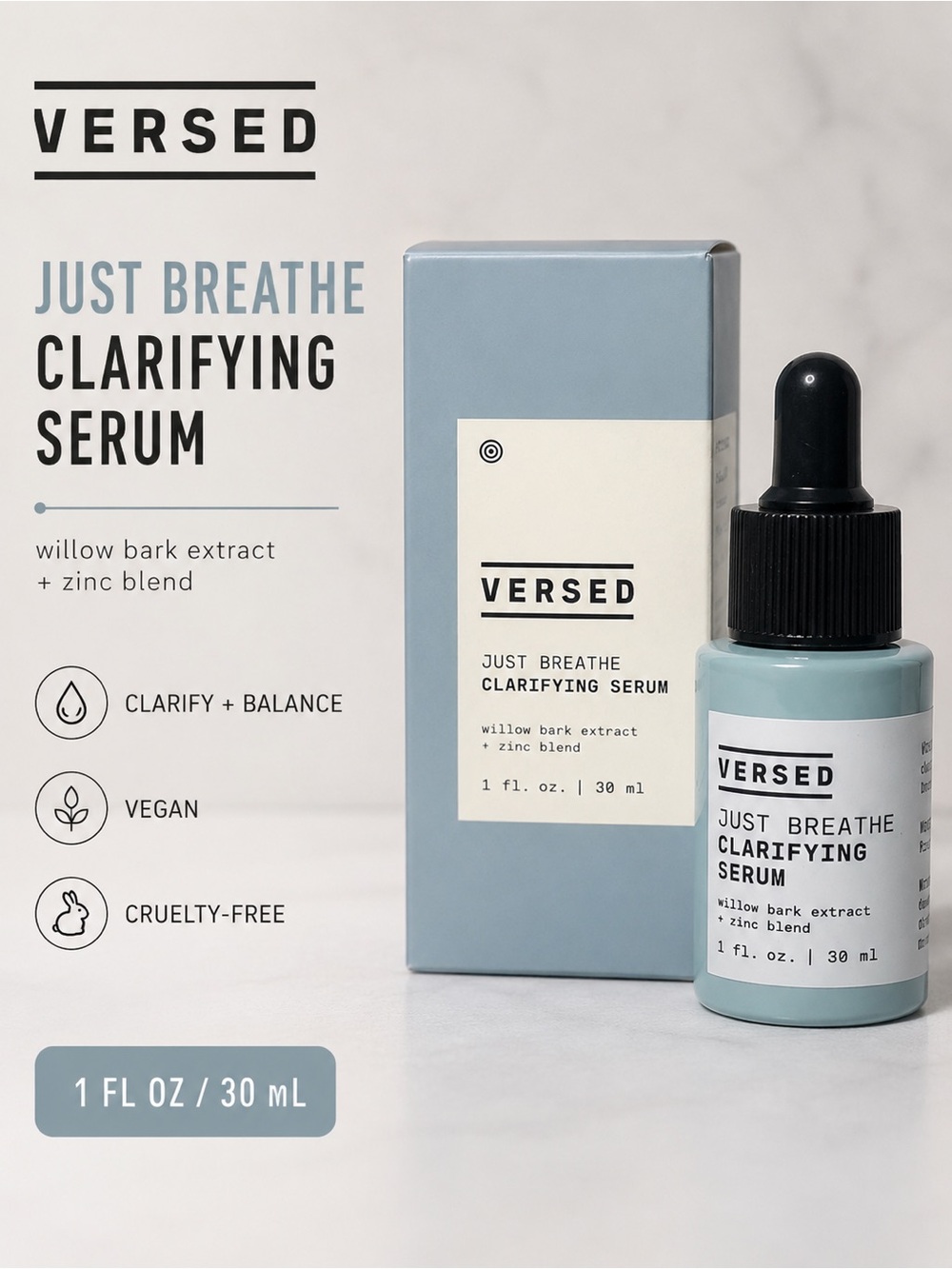 NEW/NIB Versed Just Breathe Clarifying Serum 1 fl oz/30 mL